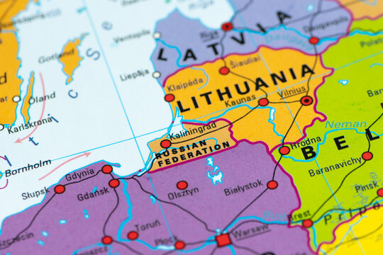 Political map of Kaliningrad, Russia, Russian Federation, surrounded by Poland, Ukraine, Belarus, Lithuania and the Baltic Sea
