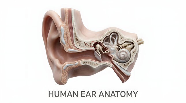 Anatomical illustration of a human ear showing the intricate structure of the inner ear, middle ear, and outer ear