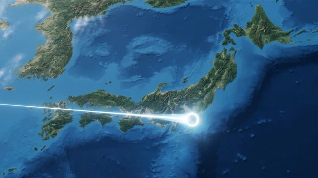 日本列島を俯瞰する衛星視点と大阪から東京へ光が移動するネットワーク背景