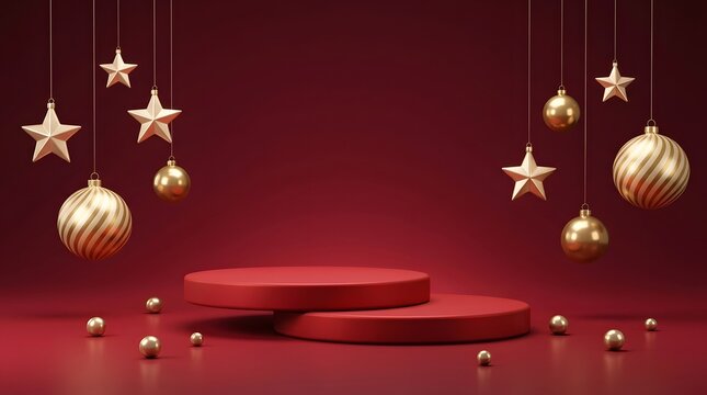 Empty red podium for product display with hanging gold christmas ornaments
