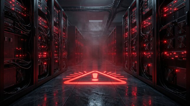 Server room experiencing critical system error with red warning alert