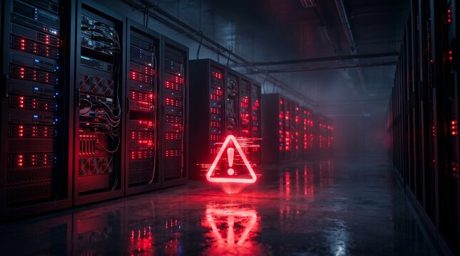 Glowing red warning alert icon inside a dark futuristic server room