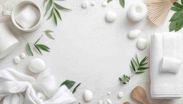 Top View Flat Lay Frame of Green Leaves, White Stones, and Spa Accessories on White Background Copy Space