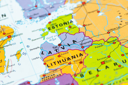 Political map of Latvia, located in northeastern Europe along the Baltic Sea, European Union