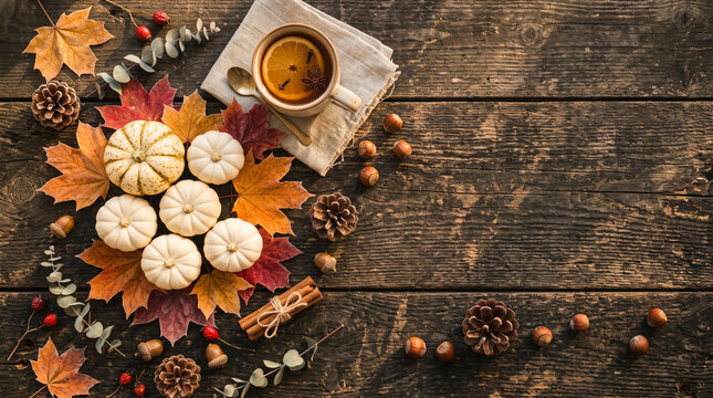 cup of tea with autumn leaves and sweets with wooden background, fall season vibes, autumn background theme with copy space