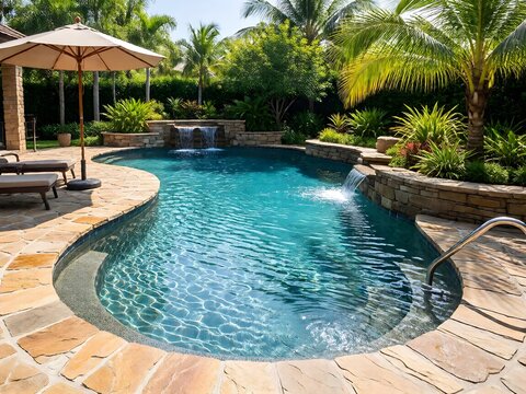 Luxurious backyard lagoon style swimming pool with natural stone paving, water feature, parasol umbrella, and lush green garden landscaping on a sunny day.