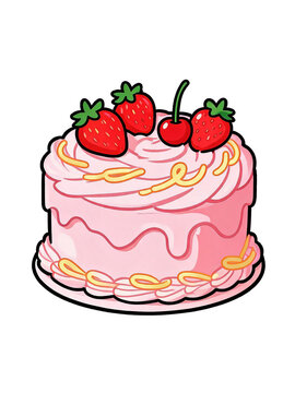 Cute strawberry birthday cake cartoon illustration. Ideal for bakery logo, party invitation, sticker, menu, greeting card, pastry shop print. Sweet hand drawn food art for celebration designs.