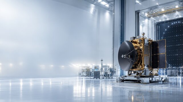 Satellite in clean room environment preparing for deep space exploration mission launch