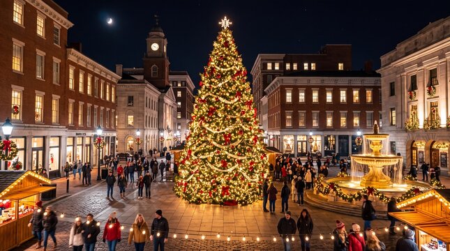 A large Christmas tree stands in the center of a town square in the United States illuminated with festive lights near a historic clock tower and fountain