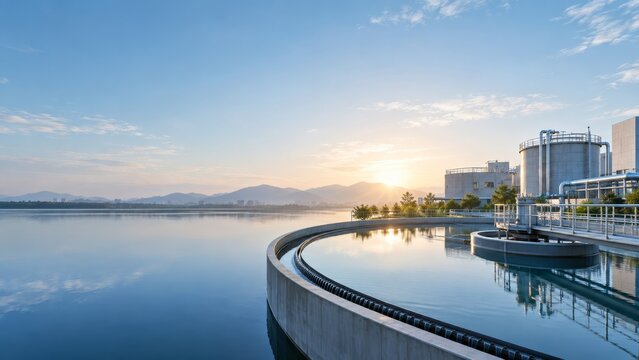 Industrial water treatment plant facility at sunrise with circular clarifier tanks and infrastructure systems for sustainable resource management