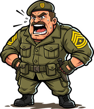 Pixel art illustration of an angry drill sergeant in a military uniform with a beret, yelling and shouting commands. Features a thick mustache and insignia on his uniform