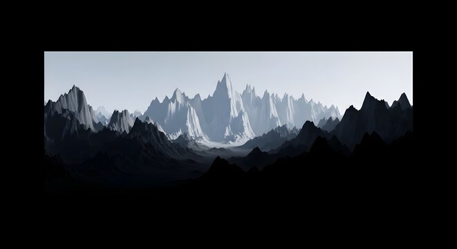 Majestic Monochromatic Mountain Range sharp jagged peaks with high contrast black and white lighting ideal for cinematic backgrounds, website headers, and minimalist wall art.