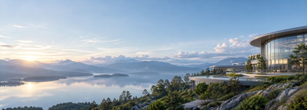 Modern luxury architecture overlooking mountain lake at sunrise modern building design with glass walls overlooking lake and mountains at dawn