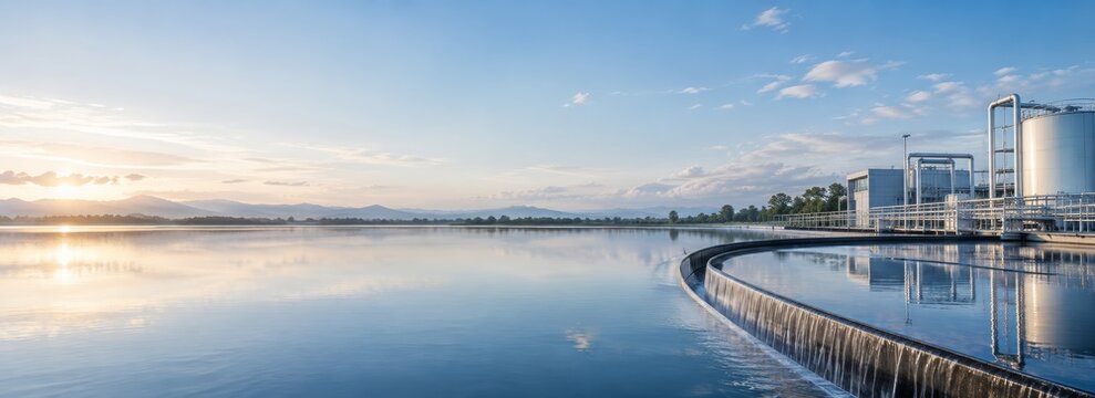 Industrial water treatment plant facility at sunset with scenic lake view and reflection
