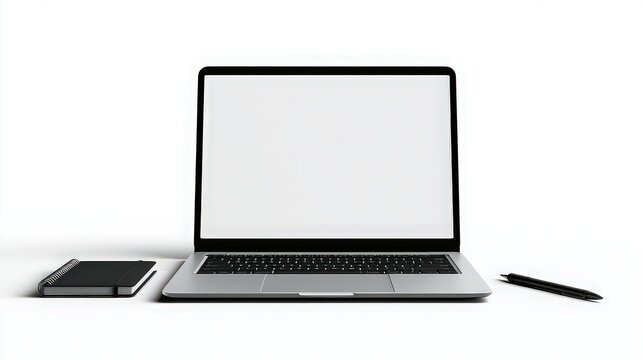 Modern laptop computer mockup features a blank screen beside a black diary and pen on a white surface.