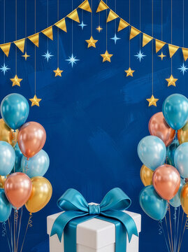 Blue birthday party background with gold bunting, stars, metallic balloons, gift box, copy space