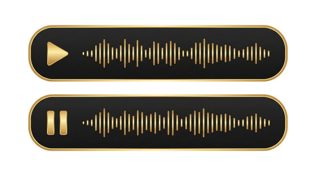 Audio wave player bar vector set. Includes play and pause buttons with golden sound frequency waves on dark pill shaped panels. Premium music player interface design elements for media apps.