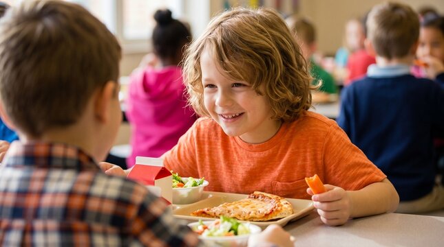 Young boy smiling happily while eating lunch with his classmate during school cafeteria meal time sitting together