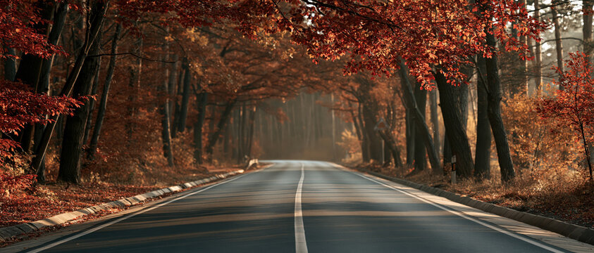 Freedom and wanderlust captured on an empty asphalt road curving through a breathtaking autumn forest canopy. Perfect for travel, road trip, and seasonal escape campaigns.