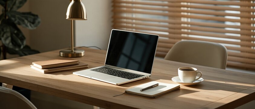 Aspirational remote work setup bathed in warm morning light. Minimal wooden desk, open laptop, notebook, and coffee cup evoke focused productivity and work life balance for freelancers and.