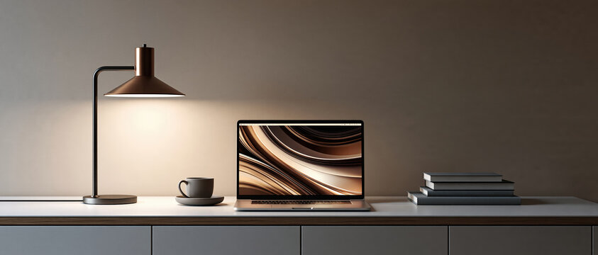 Aspirational remote work setup blending productivity with interior elegance. Warm copper lamp, open laptop, ceramic mug, and stacked books on a clean marble desk evoke focused calm.