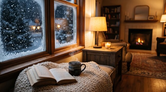Steaming hot ceramic mug rests beside open book on cozy knitted blanket overlooking snowy winter window