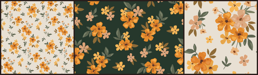 Fototapeta premium Seamless floral pattern, liberty ditsy print of romantic bouquets in rustic motif. Cute botanical design collection. Small yellow flowers, tiny leaves, delicate watercolor plants. Vector illustration.