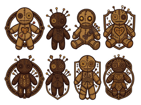 Set of stylized stitched voodoo dolls with decorative pins and hearts.