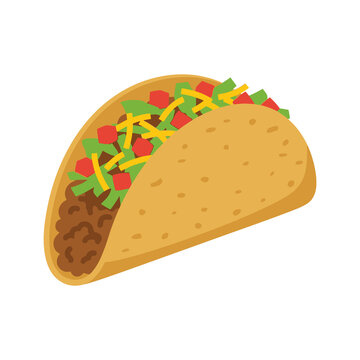 Crispy beef taco filled with lettuce tomatoes and cheese for mexican restaurant menus fast food promotional flyers or colorful street food festival illustrations.