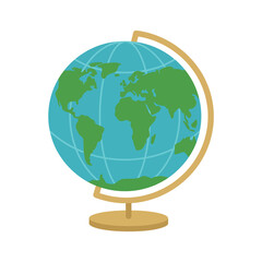 Desktop school globe model with blue ocean and green continents on wooden stand perfect for geography education and global travel planning conceptual graphics. © Rubab