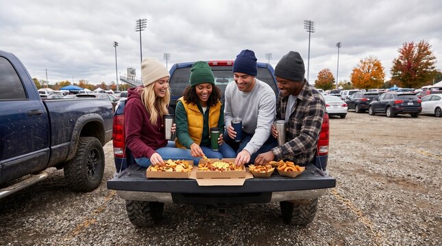 Multiethnic group of happy friends eating nachos and drinking beverages from thermoses while tailgating before football game