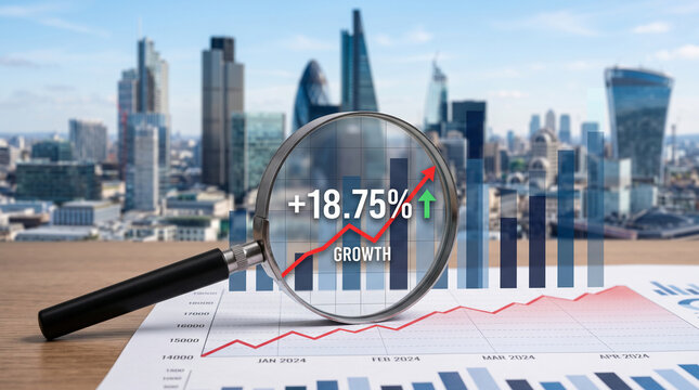 Magnifying glass over financial graph showing 18.75% growth, representing business success and upward trend against cityscape