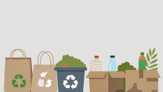 Modern Flat Vector Reusable Bags, Recycling Bins and Cardboard Boxes
