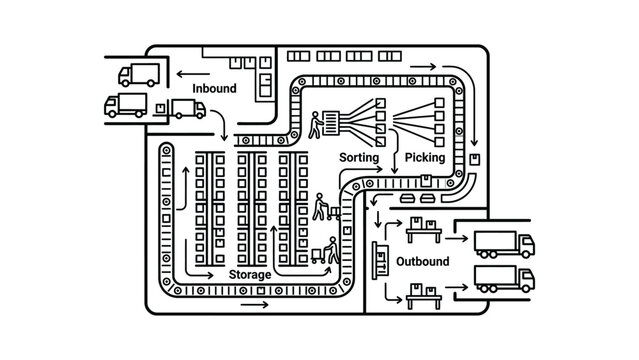 Automated Warehouse Logistics and Distribution Center Workflow. Modern factory conveyor belt system for sorting, picking, and outbound shipping.