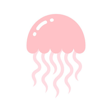 Cute pink jellyfish vector icon with wavy tentacles and simple light reflections on smooth bell ideal for children book illustrations and marine life designs.