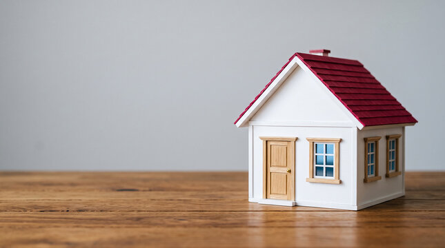 Miniature white house with red roof on a wooden surface, symbolizing home, real estate, and property ownership concepts