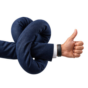 Twisted businessman arm giving thumbs up gesture on white background