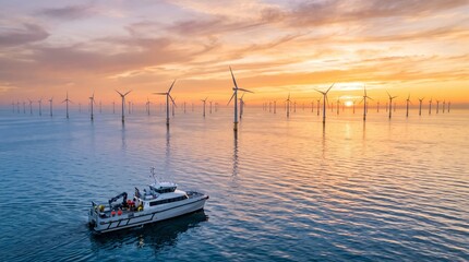 Fototapeta premium Modern offshore wind turbine farm generates clean renewable energy during a vibrant golden sunset