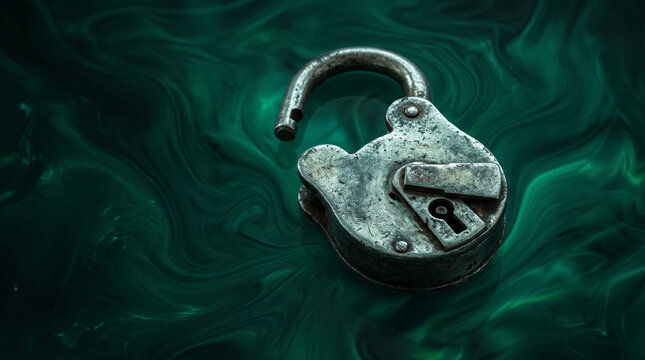 Weathered, antique padlock with an open shackle on a swirling emerald green background, symbolizing freedom, secrets, or unlocking potential