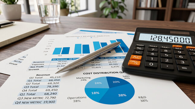 Financial charts, calculator, and pen on a wooden desk, representing business analysis and financial planning, with free space for text.