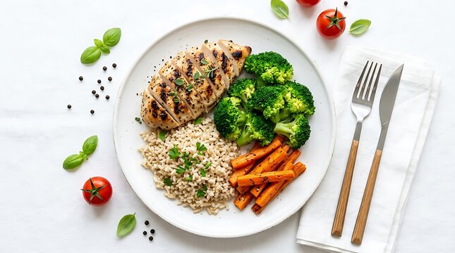 Grilled chicken breast fillet served with brown rice and roasted vegetables on a white plate
