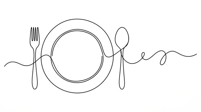 Continuous line drawing of dinner plate fork and spoon minimalist kitchen and restaurant art illustration