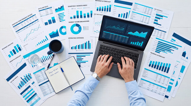Overhead view of a desk with financial charts, laptop, notebook, and coffee, showcasing business analysis and planning, free space for text or mockups.