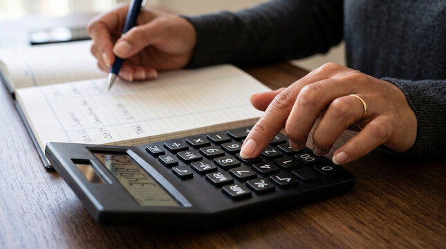 Hand using calculator and pen on notebook, representing financial planning, data entry, and business management on wooden desk
