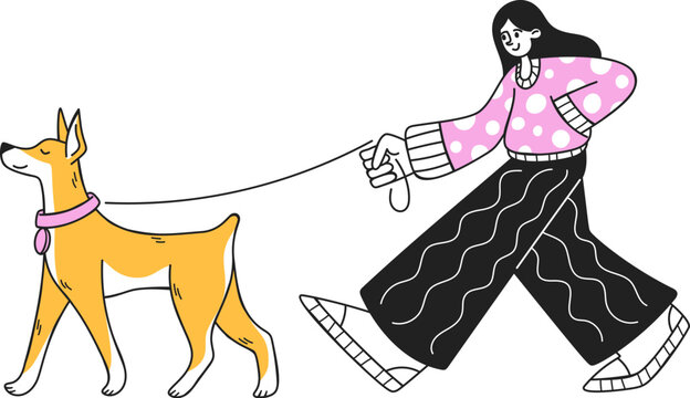 Dog Walking With Woman Cartoon