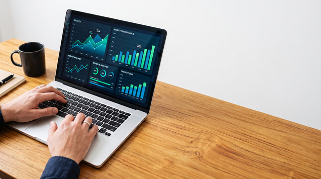 Hands typing on a laptop displaying financial charts and graphs, symbolizing data analysis, business growth, and strategic planning, with free space for text