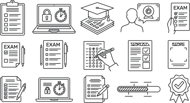 Online exam and remote proctoring vector line icon set featuring student test sheet evaluation grading and certification
