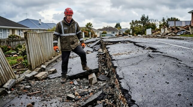 Rescue worker assessing earthquake damage on a cracked residential street