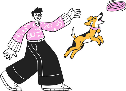 Dog Catching Frisbee With Owner Cartoon