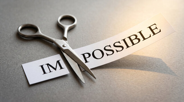 Scissors cutting "impossible" into "possible," symbolizing motivation, opportunity, and overcoming challenges